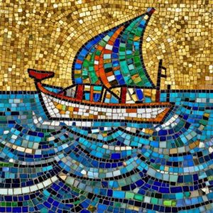 Byzantine Mosaic Sailing Boat on Golden Sea
