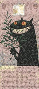 Quirky Black Cat Mosaic Art – Surreal Wall Decor