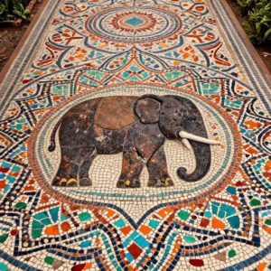 Indian-Style Elephant Mosaic Garden Pathway