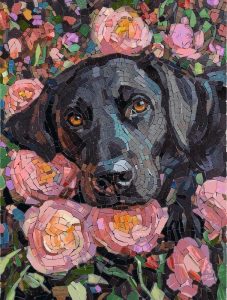 Black Dog and Pink Roses Mosaic Art