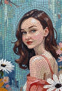 Mosaic Portrait of a Young Woman with Daisies
