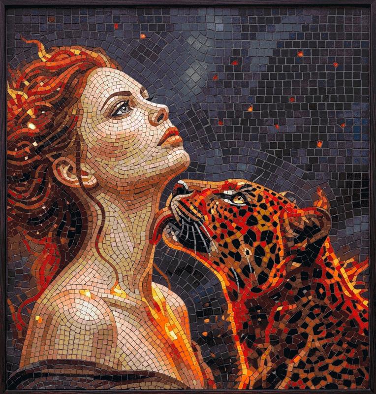 Mystical Encounter: Woman and Leopard Mosaic Art