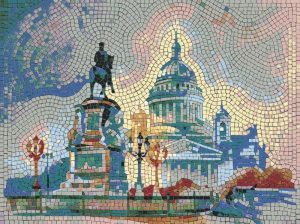 Cityscape Mosaic with Cathedral and Equestrian Statue