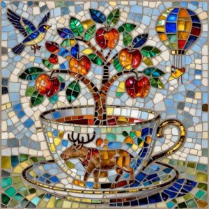 Whimsical Tea Cup and Apple Tree Mosaic Art