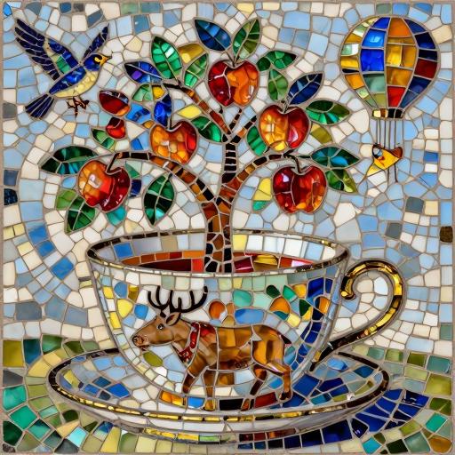 Whimsical Tea Cup and Apple Tree Mosaic Art