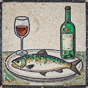 Fish and Wine Still Life Mosaic – Opus Tessellatum Style