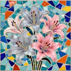 Elegant Pink and Gray Lilies Trencadís Mosaic Art