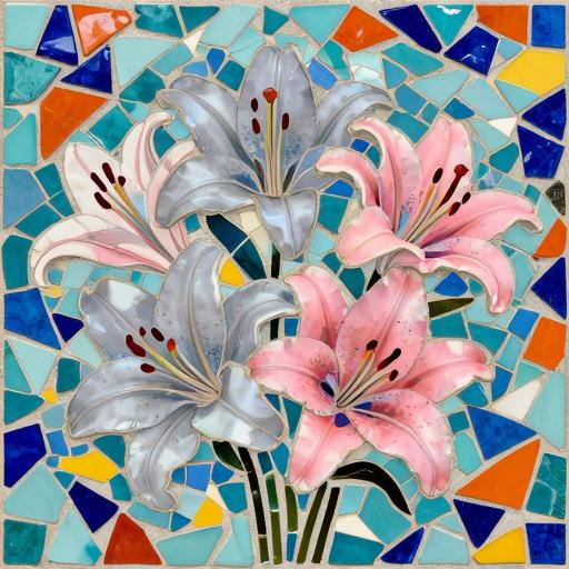 Elegant Pink and Gray Lilies Trencadís Mosaic Art