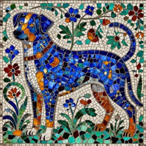 Blue Dog in Garden - Florentine Mosaic Art