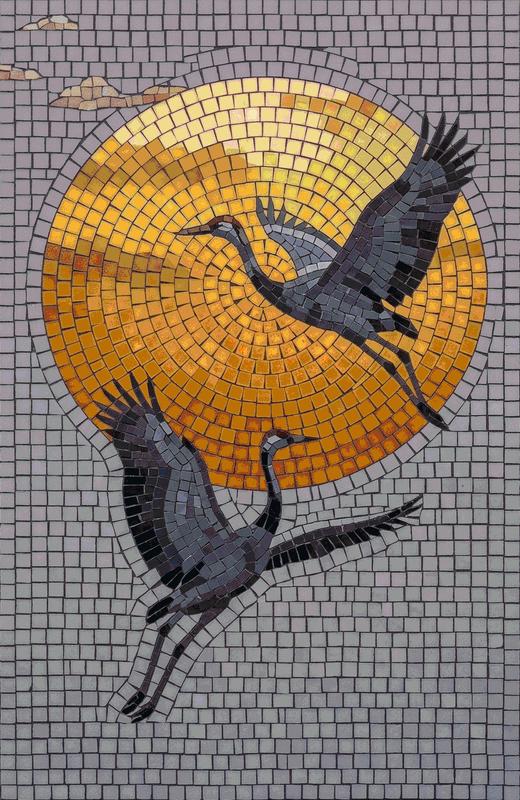 Golden Sun and Flying Cranes Mosaic Art