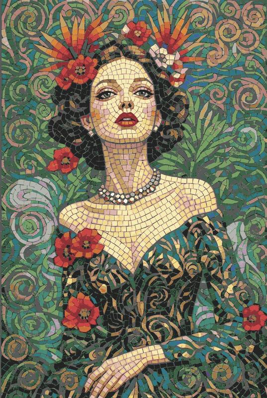 Elegant Woman with Poppies Mosaic Art
