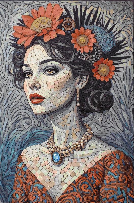Elegant Woman Mosaic Art - Floral Portrait
