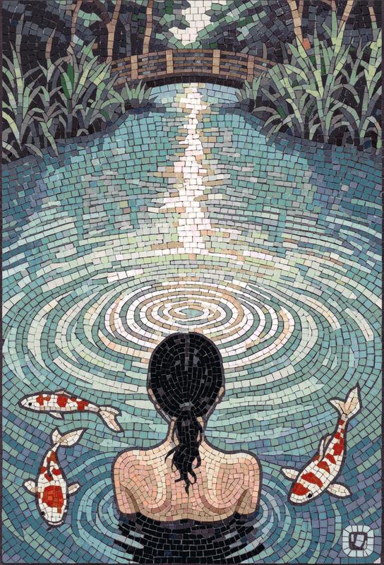 Serene Pond Mosaic Art - Woman and Koi Fish