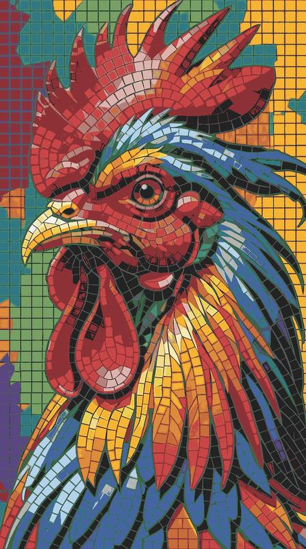 Vibrant Rooster Mosaic Art - Colorful Bird Portrait