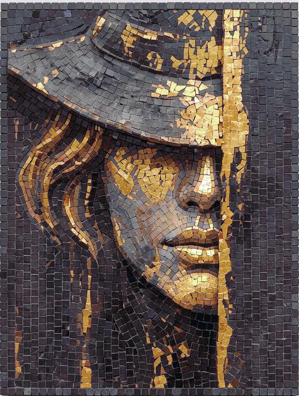 Golden Mystery Mosaic Portrait of a Woman in a Hat