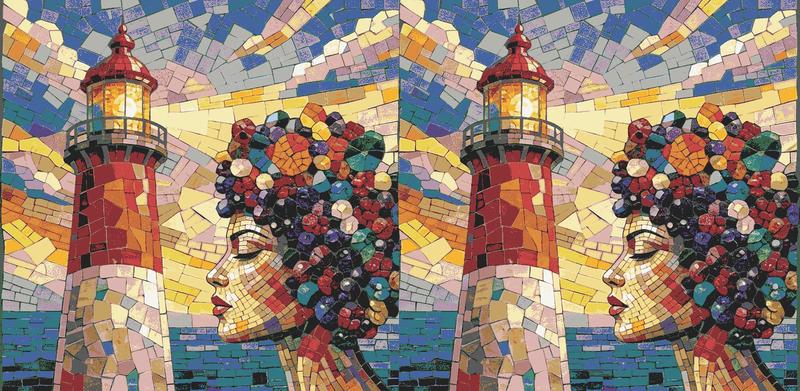 Mosaic Art - Woman and Lighthouse at Sunset