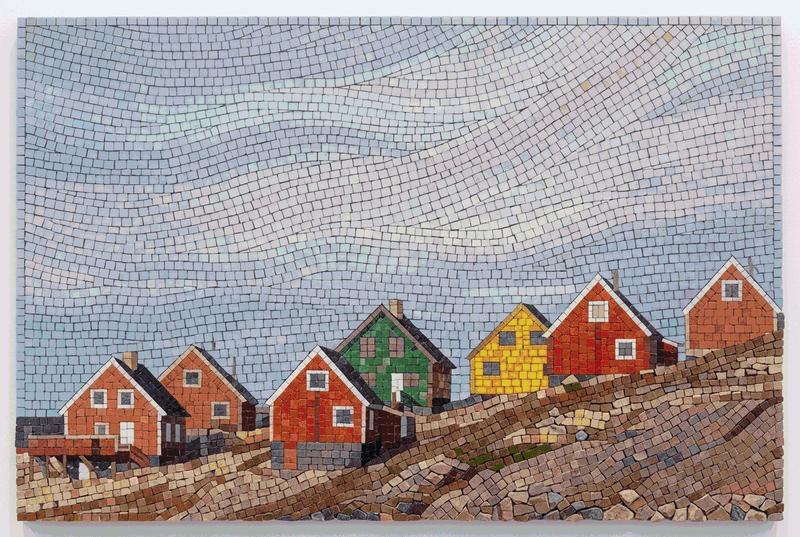 Colorful Coastal Village Mosaic Art